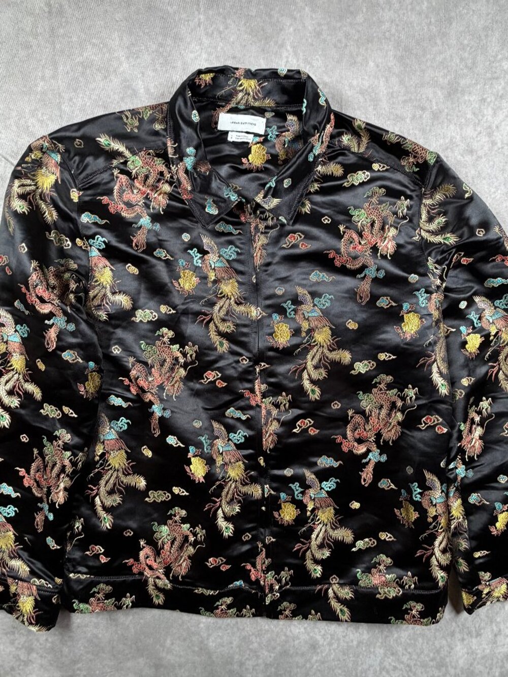 Urban Outfitters Mens Large Jacket Black Satin Dragon Phoenix Brocade Full Zip